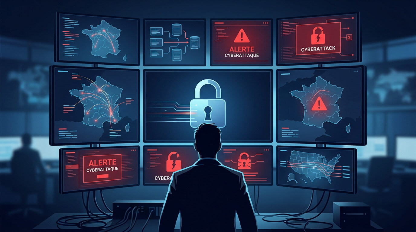 Illustration d’un analyste face à un mur d’écrans montrant des cyberattaques en France en 2025 et un cadenas qui se referme pour symboliser la protection des données en 2026.