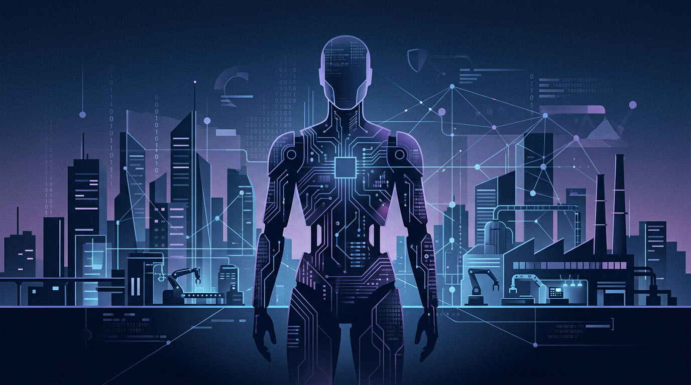 Silhouette de robot humanoïde stylisé se détachant sur un fond sombre représentant une ville et une usine connectées avec des flux de données.