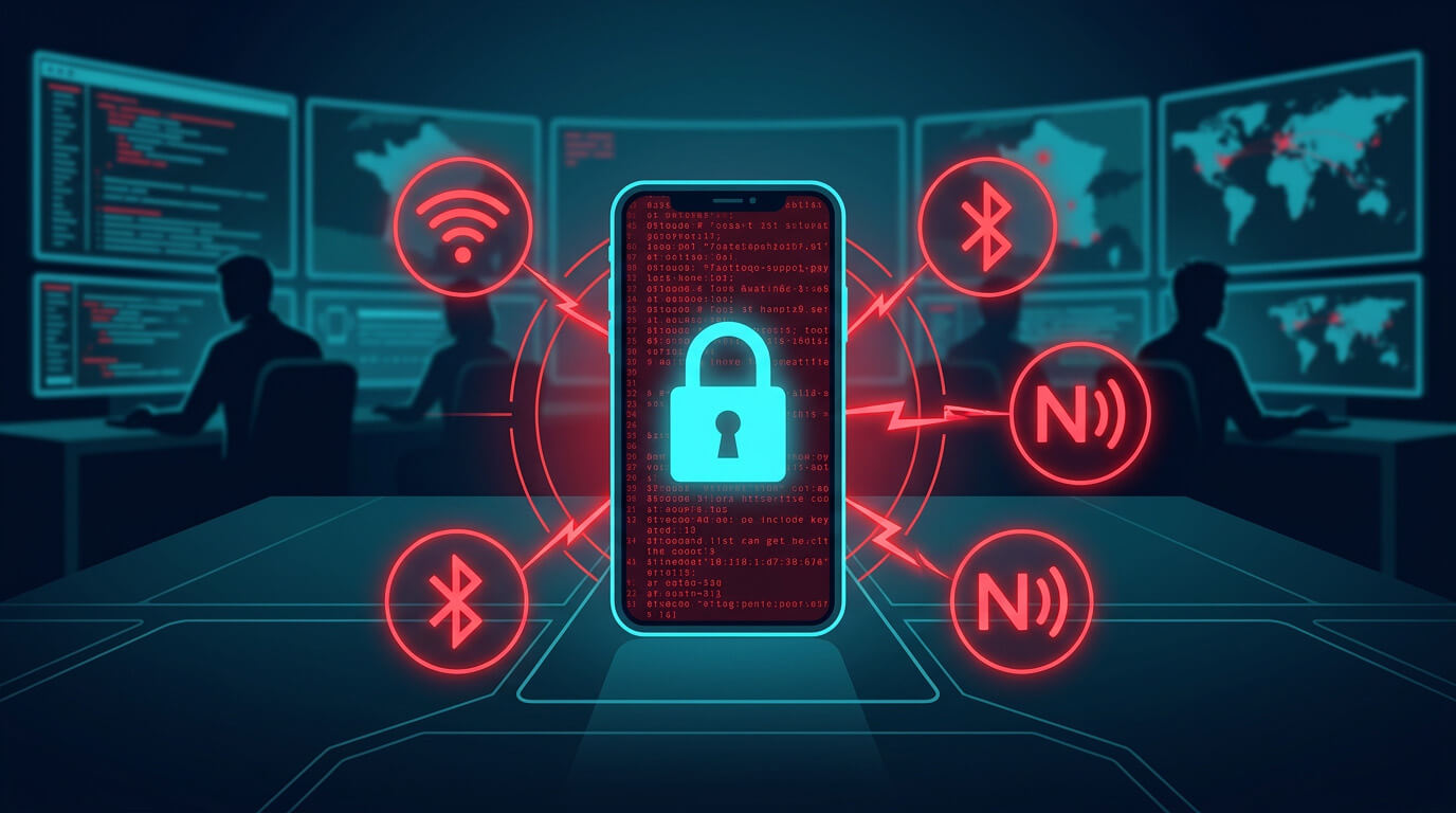 Analyste cybersécurité devant un mur d’écrans affichant des smartphones et des alertes de menaces mobiles, inspiré du rapport de l’ANSSI.