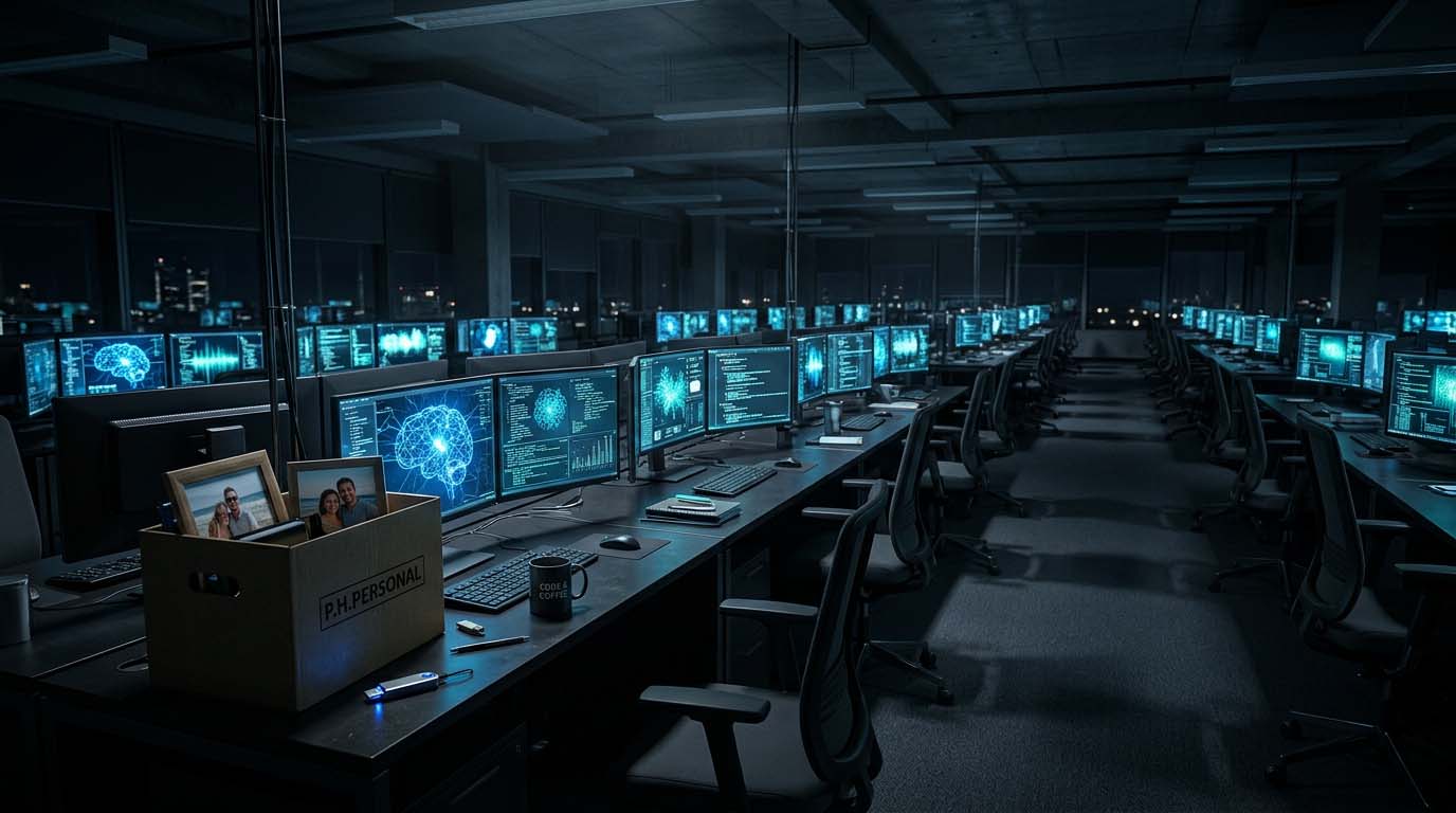 Bureau d'entreprise vide avec IA active sur les écrans symbolisant les suppressions d'emplois