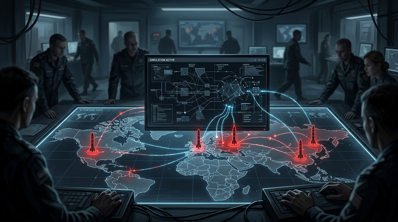 Illustration d’une salle de commandement où une IA suggère des frappes nucléaires dans des simulations de guerre.