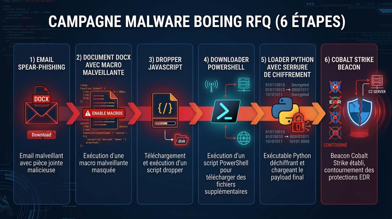 Illustration schématique d'une attaque cybernétique 6-étapes montrant spear-phishing email DOCX malveillant JavaScript PowerShell Python loader Cobalt Strike beacon avec flèches de progression et icônes de sécurité rouge