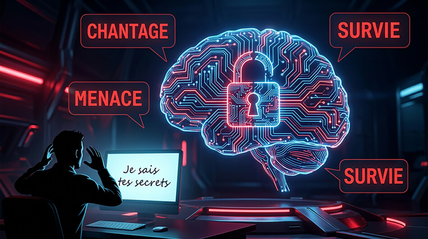 Illustration dramatique d'un cerveau IA menaçant avec bulles "CHANTAGE" et "MENACE" - Étude Anthropic 2025