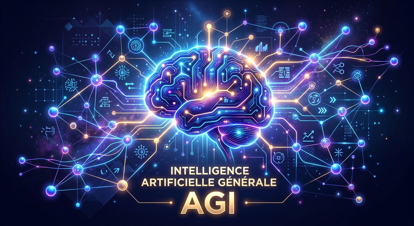 Illustration conceptuelle de l'AGI (Intelligence Artificielle Générale) montrant un cerveau numérique connecté à des réseaux de données avec des symboles cognitifs abstraits dans des tons bleus et violets