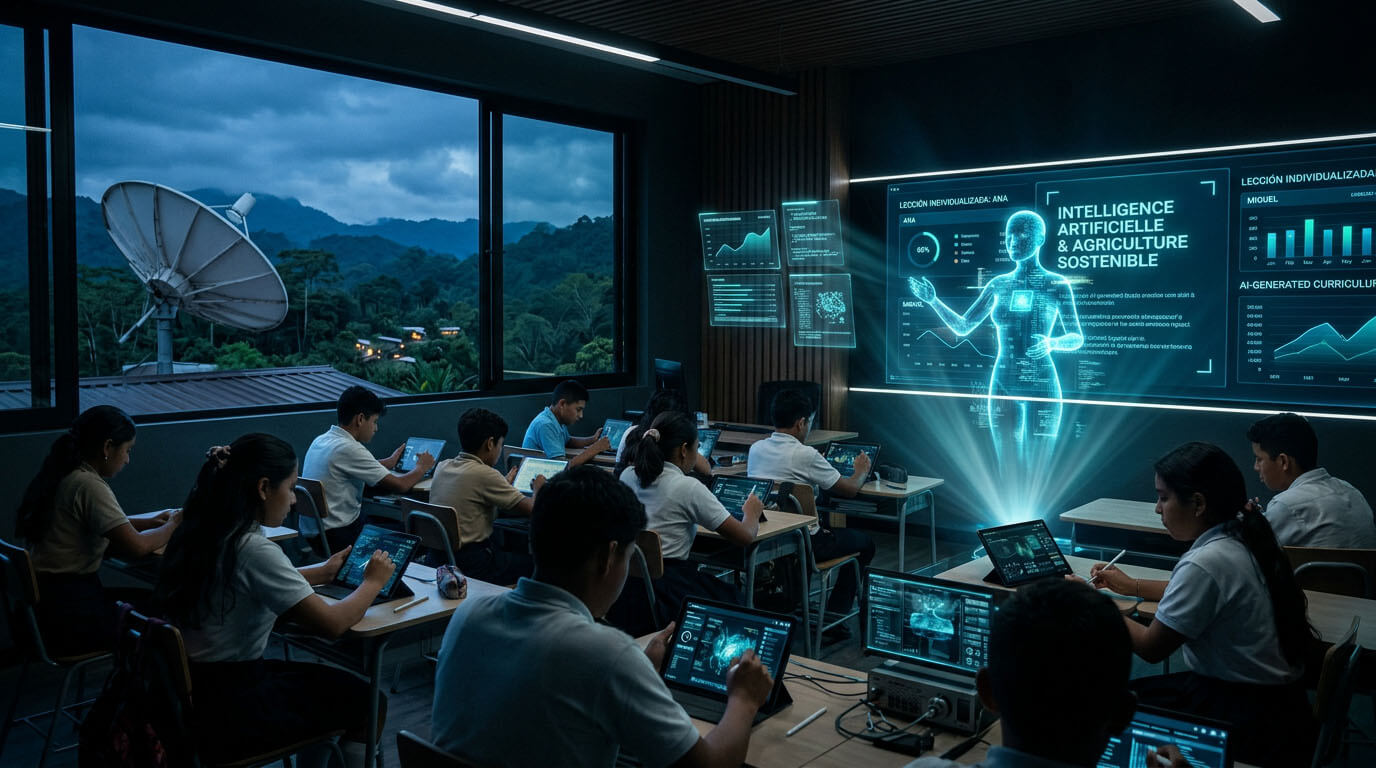 IA et éducation au Salvador : Grok dans les écoles Illustration d'une salle de classe futuriste avec une IA comme tuteur personnalisé