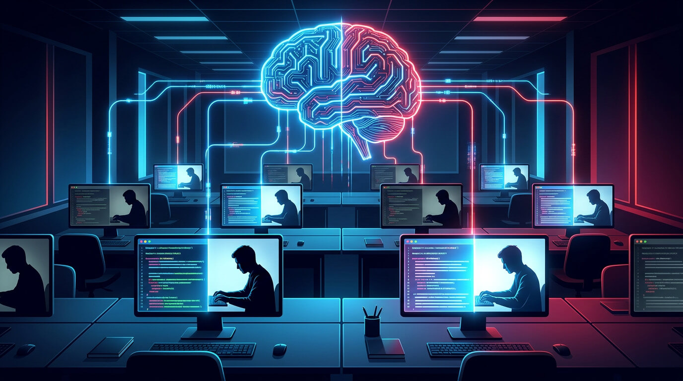 Cerveau numérique symbolisant l’IA générative connecté à des postes de travail dans un open space sombre, illustrant l’impact invisible de l’IA sur les métiers.