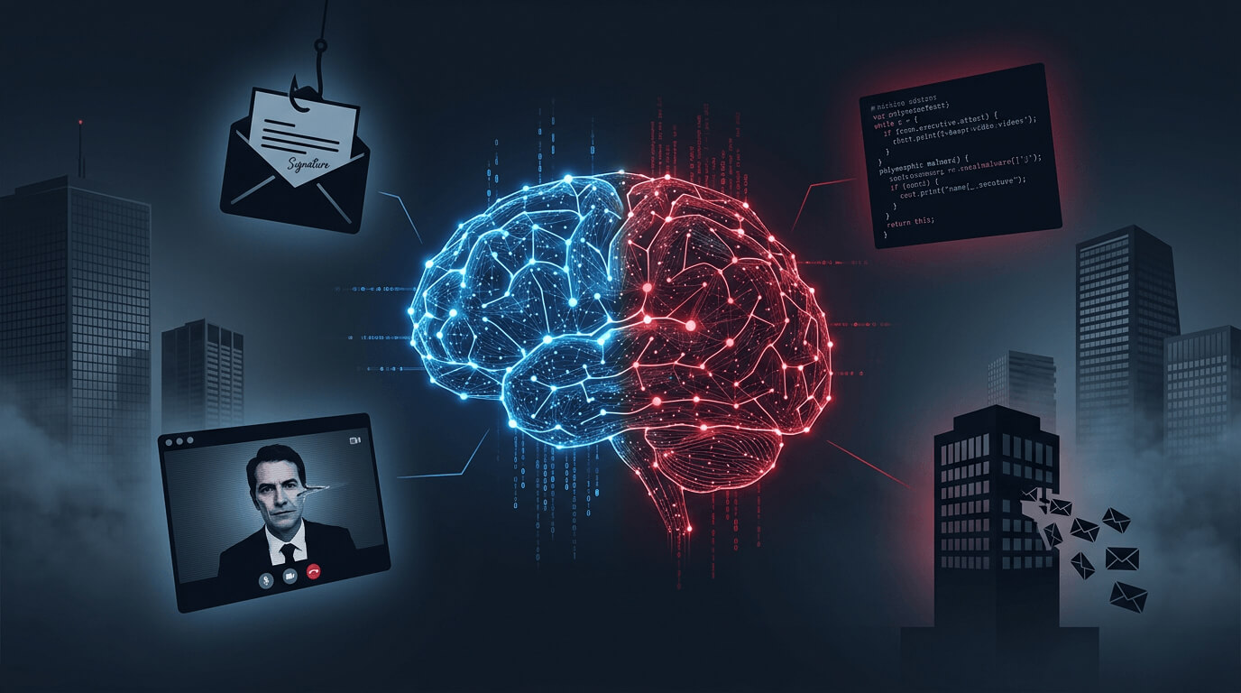 Illustration montrant l’IA générative comme nouveau vecteur de menaces pour les entreprises, avec un ordinateur et des alertes de cybersécurité.