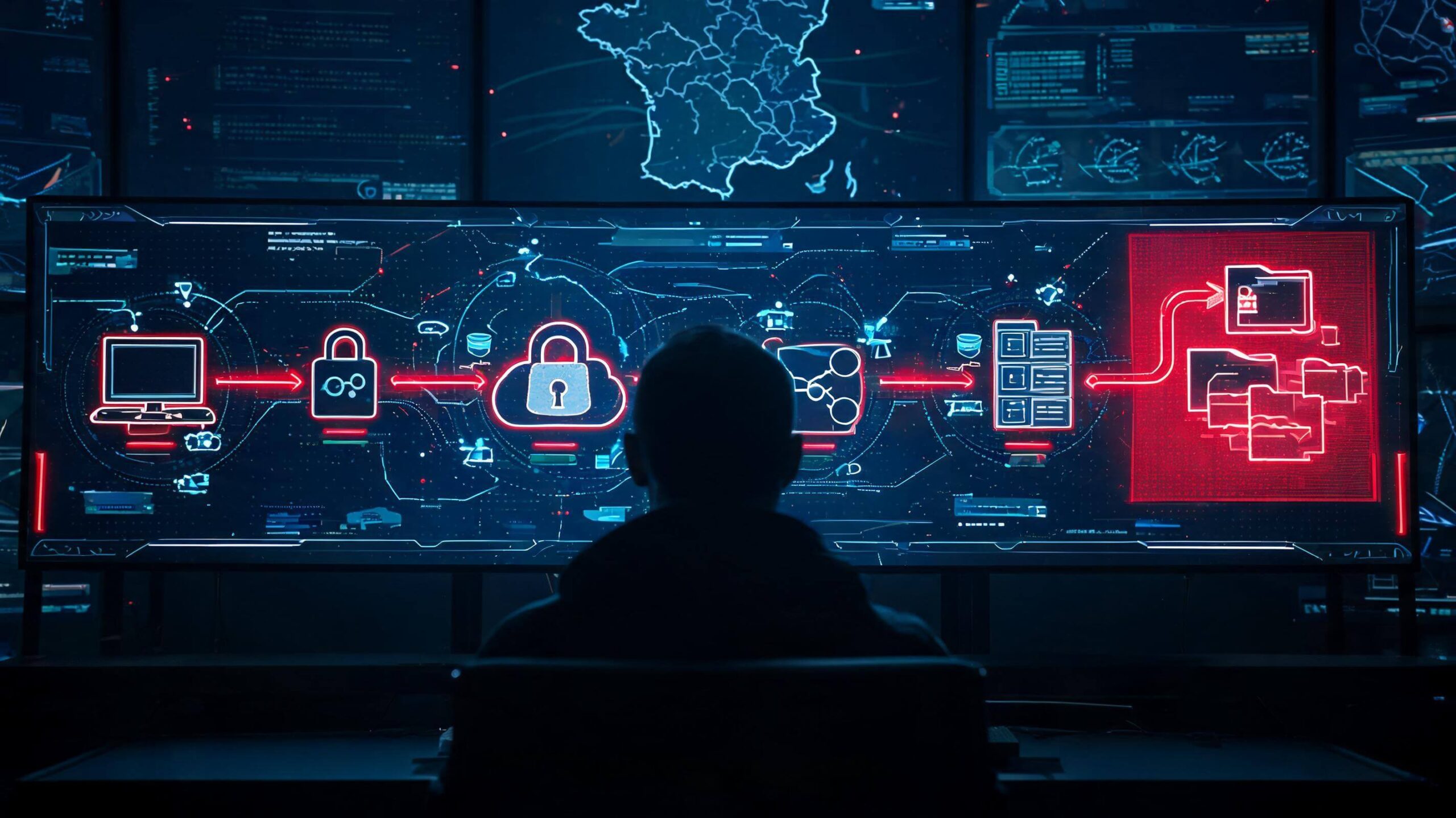 Illustration d'une cyberattaque ayant visé le ministère de l'Intérieur, symbolisant les failles de sécurité de l'État et l'exfiltration de données sensibles.